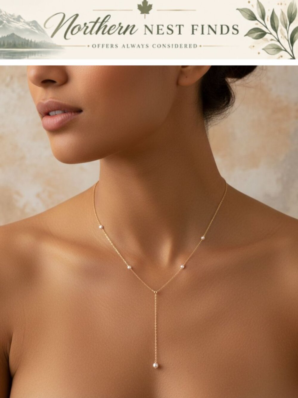 Lariat Gold Plated Y Necklace CZ Pearl Beaded Drop Pendant Layer